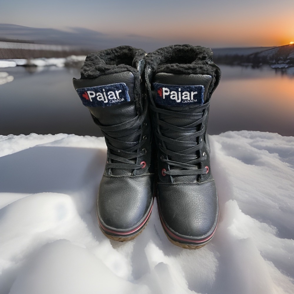 Pajar Canada Women's Winter Boots 8.5 Black Fur Lined Waterproof Lace Up Zip Up